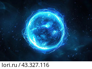 Blue Hot Sun. Glowing blue sphere. Bright sun against dark Space. Solar Activity. Climate Change. Global Warming. Geomagnetic storm. Neon geometric circle on a black background. Round mystical portal. Стоковое AI-изображение, AI-художник Марина Демидюк / Фотобанк Лори