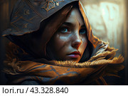 A girl in a hood and scarf, with a thoughtful and sad expression on her face. Her gaze is directed to the side, creating an atmosphere of mystery and introspection. The hood and scarf are dark and warm tones with intricate patterns and a worn look that adds a post-apocalyptic or fantasy feel to the look. The girl's face has thin cracks or scars, which gives her appearance fragility and vulnerability. The background is blurred, focusing attention on the main character. This painting is ideal for illustrating fantastic, post-apocalyptic or mystical subjects. Стоковое AI-изображение, AI-художник Анна Кривицкая / Фотобанк Лори