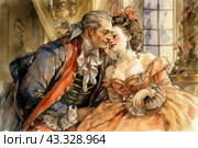 Couple in ancient clothes, made in watercolor technique. A man in an ornate suit with a bow tie and a woman in a full dress with a plunging neckline. They sit close to each other, the man gently leans towards the woman, showing his love and affection. The background of the picture is also decorated with flowers and interior details, creating an atmosphere of luxury and romance. Стоковое AI-изображение, AI-художник Анна Кривицкая / Фотобанк Лори