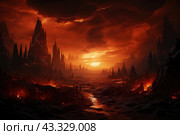 Apocalyptic landscape with a fiery sunset in the background. The sky is painted in rich shades of orange and red, with thunderclouds and flashes of lightning. Gigantic black rocks rise on both sides, creating an eerie and ominous atmosphere. In the center of the scene, a river of lava can be seen flowing through the scorched lands. In the foreground, silhouettes of several figures can be seen walking across this barren, scorched landscape. The image creates a feeling of fear, destruction and mysticism. Стоковое AI-изображение, AI-художник Анна Кривицкая / Фотобанк Лори