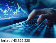A man's hand on a laptop keyboard in a blue background from a monitor with a stock chart. Close-up. Стоковое AI-изображение, AI-художник Ярославский Максим / Фотобанк Лори