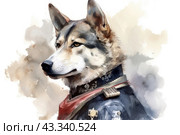 A wolf in a military uniform, which gives him an anthropomorphic appearance. The wolf looks to the side, his face expresses seriousness and confidence. He wears a dark blue uniform with gold jewelry and a red scarf around his neck. The uniform is decorated with medals and epaulets, emphasizing his high rank. The artistic style of the image is reminiscent of watercolor, with soft transitions of colors and textures that create a painting effect. This portrait combines elements of fantasy and realism, attracting attention with its unusual composition and aesthetics. Стоковое AI-изображение, AI-художник Анна Кривицкая / Фотобанк Лори
