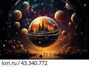 A fantastic scene with a huge sphere enclosing a landscape with tall, sharp trees surrounded by sunset light. This sphere floats in space, surrounded by many smaller spheres, creating the feeling of traveling to another world. Inside the sphere, people can be seen standing on a platform enjoying the views. The stars and nebulae in the background add cosmic depth and mystery to the scene. The color scheme includes warm oranges and golds mixed with the deep blues and purples of the night sky. Стоковое AI-изображение, AI-художник Анна Кривицкая / Фотобанк Лори