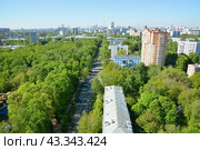 Вид на Бабушкинский парк и жилые дома на Янтарном проезде в Москве (2024 год). Стоковое фото, фотограф Александр Замараев / Фотобанк Лори