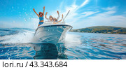 Happy friends are riding a boat on the water during their vacation. The concept of recreation on the water. Copy space. Стоковое AI-изображение, AI-художник Ярославский Максим / Фотобанк Лори