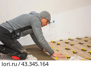 The process of laying floor tiles on the SVP Base, Tile Leveling System. Стоковое фото, фотограф Evgenii Predibailo / Фотобанк Лори