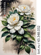 Акварель. Китайский, японский стиль рисования тушью. Цветы. Watercolour. Chinese, Japanese ink painting style. Flowers. Стоковое AI-изображение, AI-художник Гер Олег / Фотобанк Лори