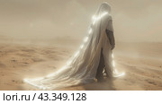 A Figure Walks Through The Desert Sands In A White Robe. Стоковое AI-изображение, AI-художник Сергей Толмачёв / Фотобанк Лори