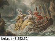 Three women in luxurious dresses in a boat on a stormy river. They are dressed in lavish Renaissance costumes, with ornate corsets and headdresses. The water around them rises in waves, creating a dramatic and dynamic scene. One of the women steers the boat with an oar, while the other two hold on to its edges, expressing determination and strength. The background is made in dark colors, emphasizing the tension and danger of the situation. This illustration is perfect for themes related to history, adventure and art. Стоковое AI-изображение, AI-художник Анна Кривицкая / Фотобанк Лори