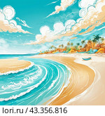 Art beach scene with gentle waves, sandy shoreline. Bright colors create peaceful atmosphere. Generated AI. Sunny beach holidays travel concept. Copy space. Sunny tropic paradise. Plage background. Стоковое AI-изображение, AI-художник Юлия Петровская / Фотобанк Лори