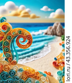 Art beach scene with gentle waves, sandy shoreline. Bright colors create peaceful atmosphere. Generated AI. Sunny beach holidays travel concept. Copy space. Sunny tropic paradise. Plage background. Стоковое AI-изображение, AI-художник Юлия Петровская / Фотобанк Лори