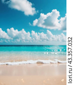 Art beach scene with gentle waves, sandy shoreline. Bright colors create peaceful atmosphere. Generated AI. Sunny beach holidays travel concept. Copy space. Sunny tropic paradise. Plage background. Стоковое AI-изображение, AI-художник Юлия Петровская / Фотобанк Лори