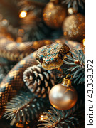 Happy Chinese New Year 2025 zodiac snake. A snake on golden background with christmas tree branches and christmas tree toys. Generative AI. Стоковое AI-изображение, AI-художник Чемакина Екатерина / Фотобанк Лори
