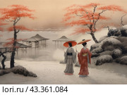 Two women in traditional Japanese kimonos standing under red umbrellas. They walk through a picturesque landscape reminiscent of an old Japanese print. In the background are gazebos on stilts located over the water and trees with red leaves. The background of the image is made in soft pastel colors, which creates an atmosphere of calm and harmony. The scene looks like it is from a bygone era of Japan, highlighting the beauty and traditions of this culture. Стоковое AI-изображение, AI-художник Анна Кривицкая / Фотобанк Лори