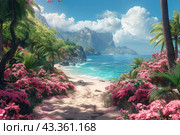 Picturesque tropical beach with white sand and crystal clear water. The beach is surrounded by lush vegetation, including palm trees and bushes with pink flowers, creating a striking contrast with the blue sea. In the background you can see majestic mountains and cliffs covered with green forests, and fluffy clouds float in the sky. The landscape exudes the tranquility and beauty of unspoilt nature, ideal for rest and relaxation. Стоковое AI-изображение, AI-художник Анна Кривицкая / Фотобанк Лори