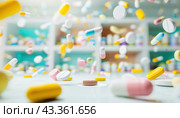 Flying pharmacy of antidepressants and vitamins in a state of levitation. Стоковое AI-изображение, AI-художник Юрий Поздников / Фотобанк Лори