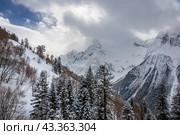 Peak Ine and snow covered Mt. Mussa-Achitara slope in winter. View from Dombay ski lift. Стоковое фото, фотограф Анна Ефимова / Фотобанк Лори