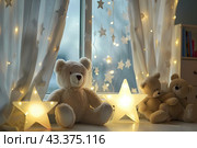 Star shaped Christmas lights, teddy bear toy, hygge Christmas decoration for children room interior. Xmas lanterns on window sill and festive garland string at home. Waiting for the miracle. New Year. Стоковое AI-изображение, AI-художник Марина Демидюк / Фотобанк Лори