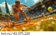 Tennis Player Sliding Into Clay Court During Match. Стоковое AI-изображение, AI-художник Сергей Толмачёв / Фотобанк Лори