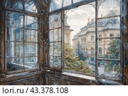 View from an elegant antique window with stained glass and decorative elements onto the street of an old European city. Through the large windows you can see classical-style architectural buildings decorated with columns and stucco. In the foreground are rich wooden window frames with ornate metal grilles. Outside the window, green trees are visible, complementing the city landscape and giving it freshness and picturesqueness. Bright daylight fills the stage, creating an atmosphere of calm and harmony. The overall impression is enhanced by the watercolor technique, adding softness and romanticism. Стоковое AI-изображение, AI-художник Анна Кривицкая / Фотобанк Лори