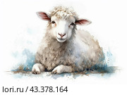 A sheep made in an artistic style using watercolor techniques. The sheep is lying on the ground, and its wool looks soft and fluffy. She has a light coat with shades of cream and gray, large ears with pink insides, and a warm, friendly look. The background of the image is minimalist, with light watercolor stains of blue and gray, which allows you to focus on the sheep. The overall atmosphere of the image is calm and peaceful, ideal for decorative use or as illustration. Стоковое AI-изображение, AI-художник Анна Кривицкая / Фотобанк Лори