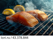 Hot smoked salmon fillet on a grill grid. Hot lox piece with steamed smoke. Black background. Salmon steak served lemon, herbs cooking grill barbecue. Grilled red fish dish. Frying trout. Menu, recipe. Стоковое AI-изображение, AI-художник Марина Демидюк / Фотобанк Лори