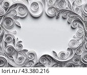 Paper flowers crafted using the quilling technique. The flowers are in shades of gray and white and are arranged in a circular pattern on a grey background. Frame with copy space. AI generated. Стоковое AI-изображение, AI-художник Юлия Петровская / Фотобанк Лори