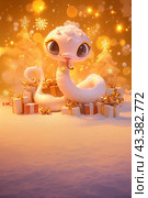 2025 3D cartoon snake is sitting on a pile of presents. The scene is set in a snowy environment, with trees in the background. Scene is festive and playful. Стоковое AI-изображение, AI-художник Ekaterina Ismagilova / Фотобанк Лори