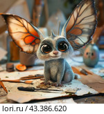 A cute fantasy creature that resembles a mixture of a rabbit and a butterfly. It has huge black eyes, fluffy bluish fur, and large, butterfly-like ears with beautiful orange-brown patterns. The creature sits on a table covered with various tools and art supplies such as brushes, paper, pencils and chisels. The background is slightly blurred, creating a cozy atmosphere of an artist's workshop or studio. Стоковое AI-изображение, AI-художник Анна Кривицкая / Фотобанк Лори