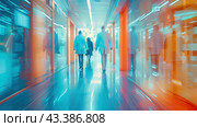 A corridor in the hospital with silhouettes of rushing medics. Shooting with a long shutter speed. The concept of hospital work for doctors. Стоковое AI-изображение, AI-художник Ярославский Максим / Фотобанк Лори