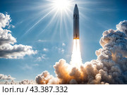 Ballistic nuclear military missile in blue sky with clouds, rocket launch trace. Anti-aircraft defense by military complexes, military aid, protection of sky. War concept on Earth. Copy ad text space. Стоковое AI-изображение, AI-художник Aleksandr Golubev / Фотобанк Лори