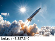 Ballistic nuclear military missile in blue sky with clouds, rocket launch trace. Anti-aircraft defense by military complexes, military aid, protection of sky. War concept on Earth. Copy ad text space. Стоковое AI-изображение, AI-художник Aleksandr Golubev / Фотобанк Лори
