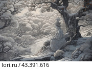 Artistic illustration depicting a figure in traditional oriental clothing sitting under a large tree in a winter landscape. The entire stage is covered in snow, creating a feeling of peace and quiet. A figure, probably a monk or sage, sits on a slope, deep in meditation or reflection, looking out over the snow-covered trees and valleys stretching into the distance. The tree under which the figure sits has intricate branches and is covered with frost. The background consists of many trees covered with snow caps, which adds depth and detail to the scene. The color palette of the image consists of soft gray-blue and white tones, conveying the coldness and tranquility of a winter day. Стоковое AI-изображение, AI-художник Анна Кривицкая / Фотобанк Лори