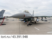 BERLIN - JUNE 05, 2024: Multirole fighter, air superiority fighter Lockheed Martin F-16 Fighting Falcon. US Air Force. ILA Berlin Air Show 2024. Редакционное фото, фотограф Sergey Kohl / Фотобанк Лори