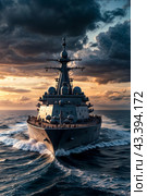 Modern rocket cruiser military warship sailing in open stormy sea at sunset cloudy sky, naval military control of sea. Protection of water state borders. Naval forces army concept. Copy ad text space. Стоковое AI-изображение, AI-художник Aleksandr Golubev / Фотобанк Лори