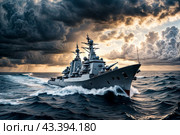Modern rocket cruiser military warship sailing in open stormy sea at sunset cloudy sky, naval military control of sea. Protection of water state borders. Naval forces army concept. Copy ad text space. Стоковое AI-изображение, AI-художник Aleksandr Golubev / Фотобанк Лори