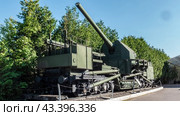 180-мм железнодорожная артиллерийская установка ТМ-1-180. СССР. Экспозиция боевой техники в музее Парка Победы в Москве. Техника времен второй мировой войны (2024 год). Редакционное фото, фотограф Константин Григорьев / Фотобанк Лори