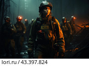 A group of rescuers in the forest engaged in search and rescue work. Rescuers are dressed in protective suits and helmets with flashlights that illuminate the gloomy and smoky forest. In the foreground is a young female rescuer looking intently into the distance. Her eyes reflect determination and readiness for action. The lantern on her helmet brightly illuminates her face, creating a contrast with the dark background of the forest and giving the scene a dramatic effect. The rest of the team can be seen in the distance, also lighting the road in front of them as they move through the forest. Стоковое AI-изображение, AI-художник Анна Кривицкая / Фотобанк Лори