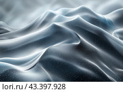 Smooth wavy shapes reminiscent of dunes or waves, made in silvery white tones. The surface of these forms has a soft shine and is covered with small luminous dots, creating the effect of shimmering snow or a starry sky. Gradations of light and shadow emphasize the volume and depth of each wave, giving the image a sense of fluidity and movement. The background is blurred, which focuses attention on the foreground and enhances the impression of the smoothness and shine of surfaces. Стоковое AI-изображение, AI-художник Анна Кривицкая / Фотобанк Лори