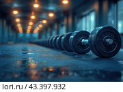 A row of dumbbells lined up on the gym floor. The photograph was taken from a low point, which creates the impression of depth and perspective. The first dumbbell is clearly visible in the foreground, and the remaining dumbbells gradually fade into blur as they move away. The floor is slightly damp and reflects the soft light from the lamps located on the ceiling, creating a cozy and atmospheric environment. The background of the hall is a little blurry, but you can see the windows letting in daylight. This image is perfect for topics related to fitness, gyms, sports equipment and training. Стоковое AI-изображение, AI-художник Анна Кривицкая / Фотобанк Лори