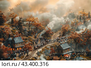 Miniature Model of a Historical Battle Scene With Smoke and Fall Foliage. Стоковое AI-изображение, AI-художник Сергей Толмачёв / Фотобанк Лори
