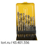Желтая коробка со свёрлами разного диаметра. Set of drill bits. Стоковое фото, фотограф Татьяна Д / Фотобанк Лори