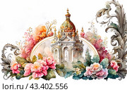 A luxurious architectural element in the Baroque style, with a central building topped by a dome with golden elements. Decorative floral designs and scrollwork are placed around the building, creating an elegant frame. The central building has exquisite architecture with columns and arches giving it a majestic appearance. The composition is complemented by lush flowers in pink and orange shades, which add romance and sophistication to the image. The background of the image is light, which emphasizes the brightness and details of architectural and decorative elements. Стоковое AI-изображение, AI-художник Анна Кривицкая / Фотобанк Лори