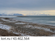 Зимний морской пейзаж. Вид на обледеневший берег моря. Вдалеке горы. Холодная морозная погода. Охотское море, Магаданская область, Дальний Восток России. Стоковое фото, фотограф Андрей Степанов / Фотобанк Лори