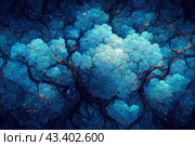 Beautiful abstract background. An illustration inspired by nature and reminiscent of tree crowns in a fairy forest. Mystical fairytale background in shades of blue. Great for design. Generative AI. Стоковое AI-изображение, AI-художник Андрей Степанов / Фотобанк Лори