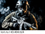 Portrait of special forces soldier man in uniform of tactical Units of Police with weapon at dark black background. Explosion, smoke and fire sparks. Urban problems unrest concept. Copy ad text space. Стоковое AI-изображение, AI-художник Aleksandr Golubev / Фотобанк Лори