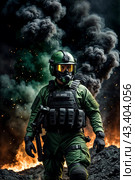 Portrait of male in uniform and helmet with weapon at explosion, smoke, fire sparks on black green background. Tactical units of police, military mission. Problems unrest concept. Copy ad text space. Стоковое AI-изображение, AI-художник Aleksandr Golubev / Фотобанк Лори