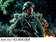 Portrait of male in uniform and helmet with weapon at explosion, smoke, fire sparks on black green background. Tactical units of police, military mission. Problems unrest concept. Copy ad text space. Стоковое AI-изображение, AI-художник Aleksandr Golubev / Фотобанк Лори