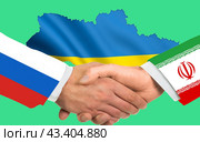Две руки в рукопожатии с флагами России и Ирана на фоне карты Украины. Стоковая иллюстрация, иллюстратор Ярославский Максим / Фотобанк Лори