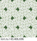 Паттерн с клевером в горошек. Green clover and dots background. Field herbs, wild plants, greenery seamless pattern with watercolor illustrations. Texture for printing fabrics, textiles, wallpaper, wrapping paper. Стоковая иллюстрация, иллюстратор Карнаухова Елена / Фотобанк Лори